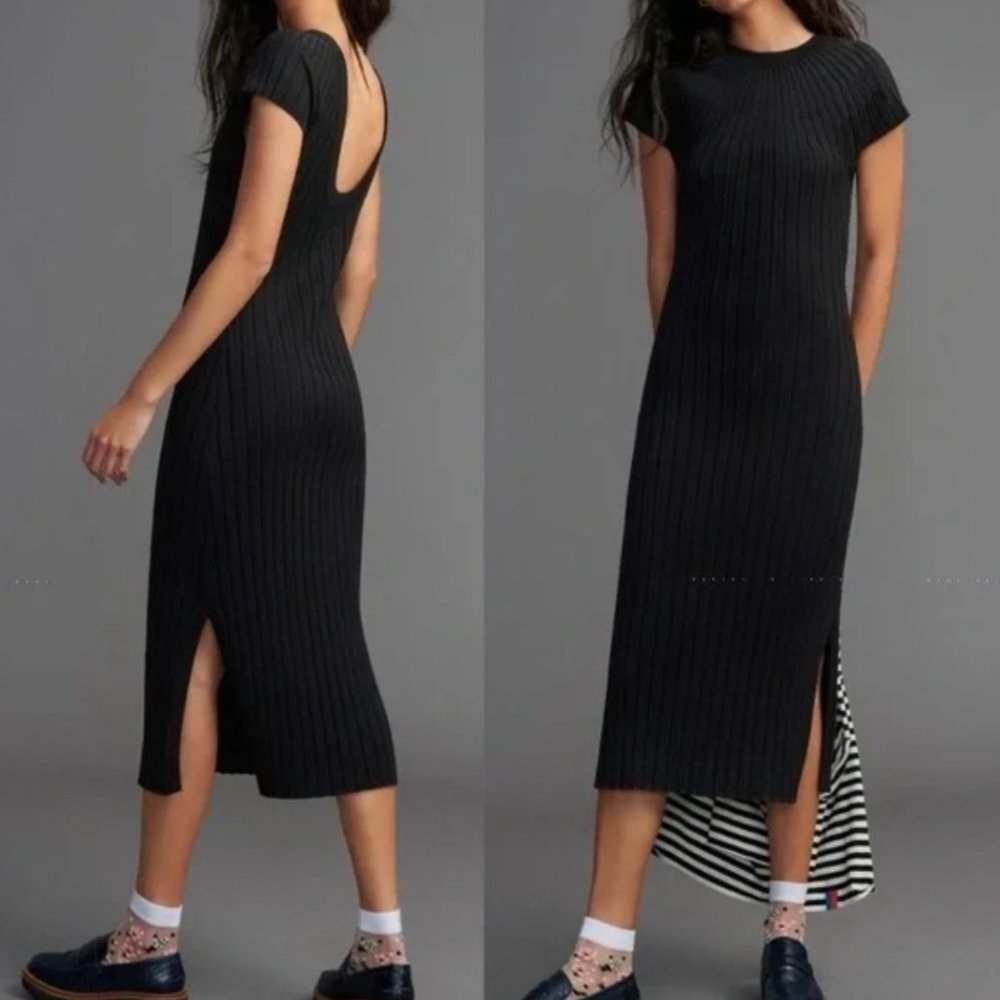 NWT - Maeve by Anthropologie Black Buttercup Ribbed Sweater Midi Dress - XL